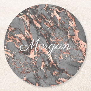 Porta-copo De Papel Redondo Mármore Grey & Rose Gold, Nome em Script Branco