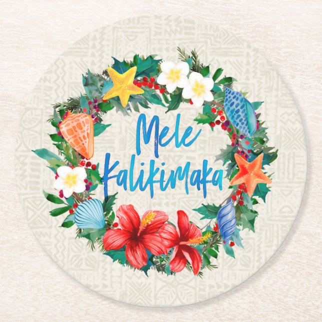 Porta-copo De Papel Redondo Mele Kalikimaka Hawaiian Christmas Wreath (Frente)