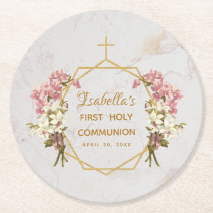 Porta-copo De Papel Redondo Menina Primeira Comunhão Mármore Orquídea Rosa Cru