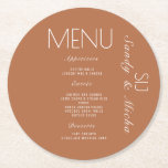 Porta-copo De Papel Redondo Menu Janto Casamento de Script Simples Terracotta<br><div class="desc">Menu Casamento Único em uma porta copos circular</div>