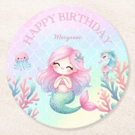 Porta-copo De Papel Redondo Mermaid Tail Teal Pink Girly Birthday Party