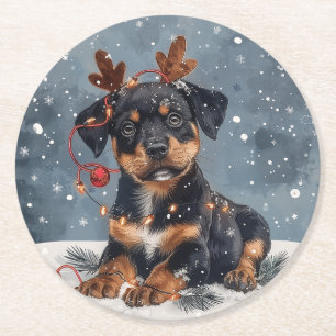 Porta-copo De Papel Redondo Merry Christmas Rottweiler Dog Reindeer