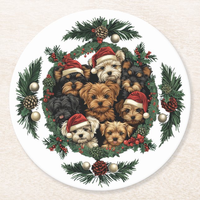 Porta-copo De Papel Redondo Merry Christmas Yorkshire Terrier Dogs (Frente)