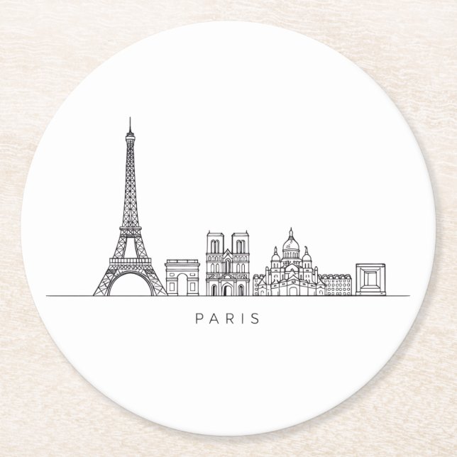 Porta-copo De Papel Redondo Minimalist Paris Skyline Line Art (Frente)