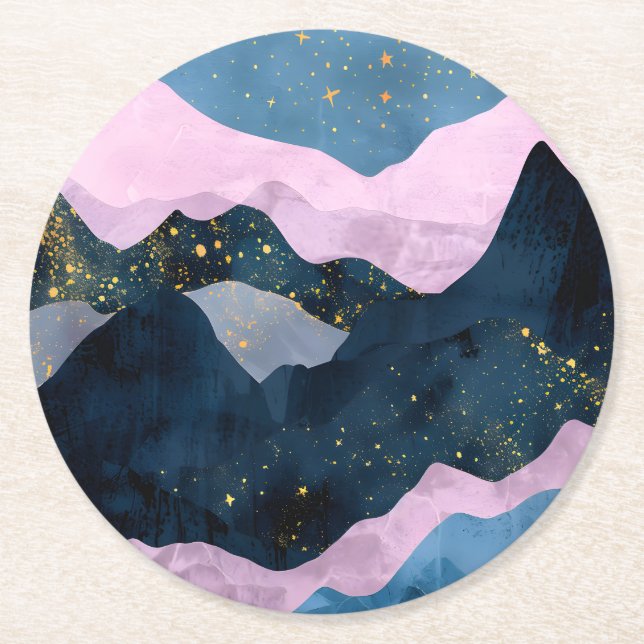 Porta-copo De Papel Redondo Mínimo Lua Estrelas Montanha Vale Celestial (Frente)