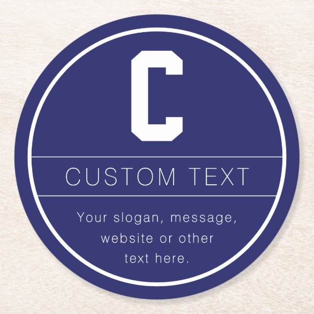 Porta-copo De Papel Redondo Modelo de Nome & Monograma Únicos | Azul Marinho (Frente)