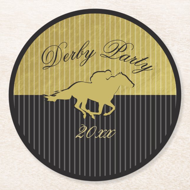 Porta-copo De Papel Redondo Modern Black & Gold Horse Race Derby Equestrian (Frente)