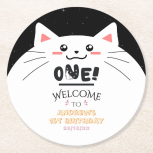 Porta-copo De Papel Redondo Moldura de Gato Fofo Estrelas Brilhantes 1º Aniver