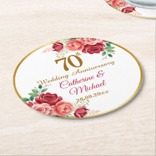 Porta-copo De Papel Redondo Moldura Dourada de Aniversário de Casamento de 70