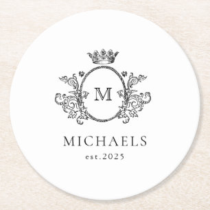 Porta-copo De Papel Redondo Monograma clássico Papel redondo preto e branco