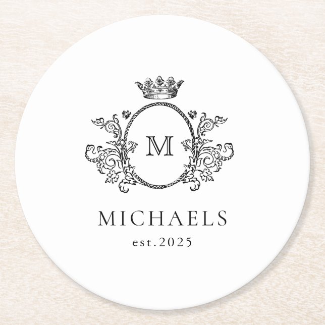 Porta-copo De Papel Redondo Monograma clássico Papel redondo preto e branco (Frente)