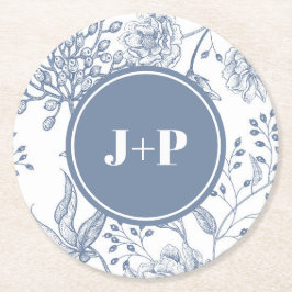 Porta-copo De Papel Redondo Monograma de casamento azul floral vinca