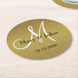 Porta-copo De Papel Redondo Monograma de Casamento Clássico Dourado