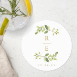 Porta-copo De Papel Redondo Monograma de Casamento Dourado e Verde<br><div class="desc">Porta copos de casamento personalizada com design de monograma de casamento verde-água.</div>