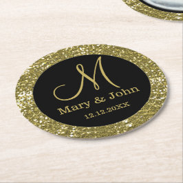 Porta-copo De Papel Redondo Monograma de Casamento Personalizado Dourado