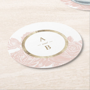 Porta-copo De Papel Redondo Monograma de casamento vintage dourado rosa luxuos