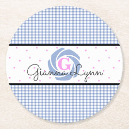 Porta-copo De Papel Redondo Monograma de Gingham Azul