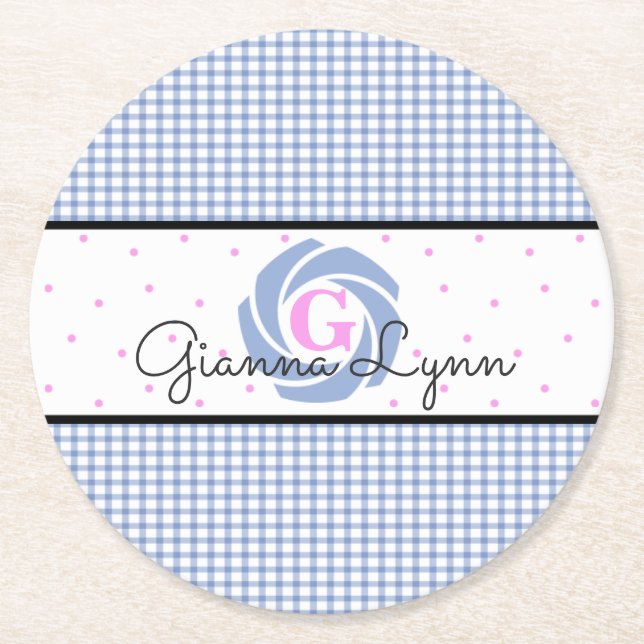 Porta-copo De Papel Redondo Monograma de Gingham Azul (Frente)