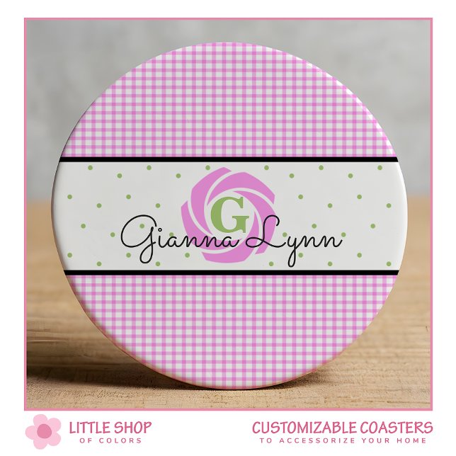 Porta-copo De Papel Redondo Monograma de Gingham Rosa (Criador carregado)