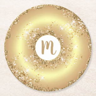 Porta-copo De Papel Redondo Monograma de rosquinha de ouro com brilho