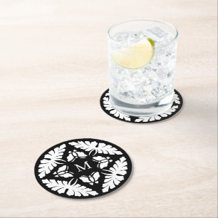 Porta-copo De Papel Redondo Monograma do Casamento vintage preto e branco