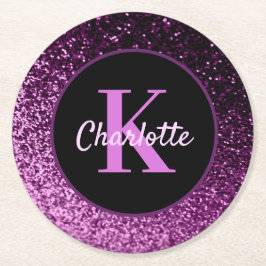 Porta-copo De Papel Redondo Monograma do nome com purpurina rosa roxa