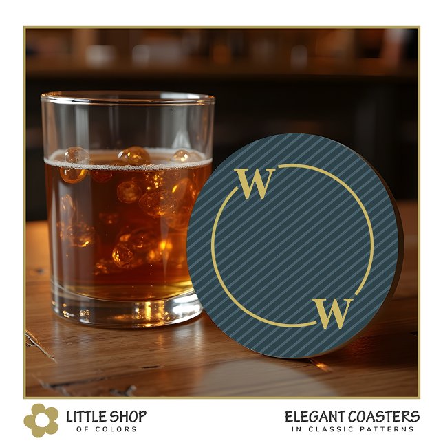 Porta-copo De Papel Redondo Monograma Dourado de Pinstripe preto Elegante (Criador carregado)