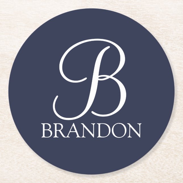 Porta-copo De Papel Redondo Monograma e Nome de Script Personalizado Azul-mari (Frente)