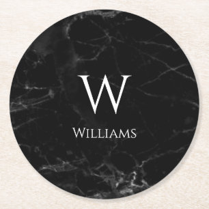 Porta-copo De Papel Redondo Monograma em Mármore Preto Moderno Elegante Nome B