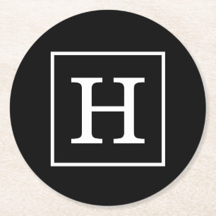 Porta-copo De Papel Redondo Monograma inicial com quadro branco preto