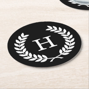 Porta-copo De Papel Redondo Monograma inicial de Laurel Wreath Black White