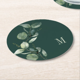 Porta-copo De Papel Redondo Monograma Moderno Eucalipto Aquarela Personalizado