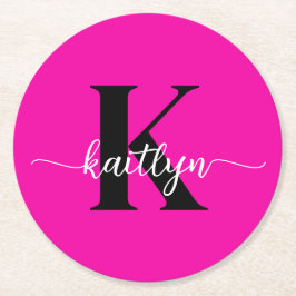 Porta-copo De Papel Redondo Monograma Preto Rosa Quente