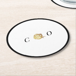 Porta-copo De Papel Redondo Monograma rosa preto e branco minimalista de ouro 
