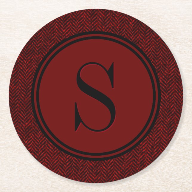 Porta-copo De Papel Redondo Monograma vermelho clássico de Herringbone (Frente)