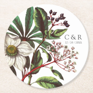 Porta-copo De Papel Redondo Monogramas Rosa de Natal Branco da Modern Vintage