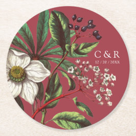 Porta-copo De Papel Redondo Monogramas Rosa de Natal Vermelho Moderno Vintage