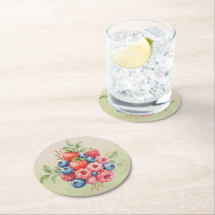 Porta-copo De Papel Redondo Morango Mirtilo Framboesa Frutas Silvestres