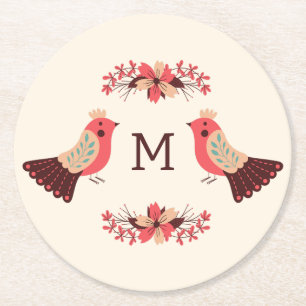 Porta-copo De Papel Redondo Motif popular escandinavo com aves e flores