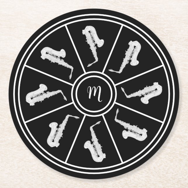 Porta-copo De Papel Redondo Motif preto e branco com saxofones e monograma (Frente)
