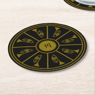 Porta-copo De Papel Redondo Motif preto e dourado com trompetes e monograma