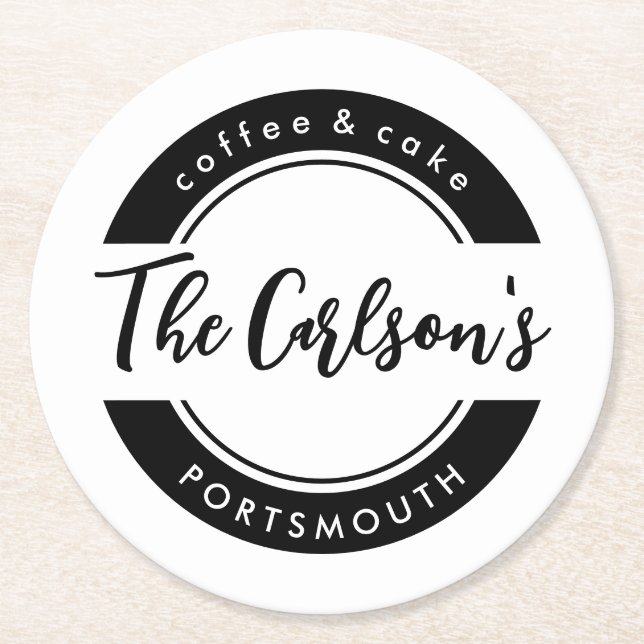 Porta-copo De Papel Redondo Na moda Black White Modern Calliografia Business (Frente)