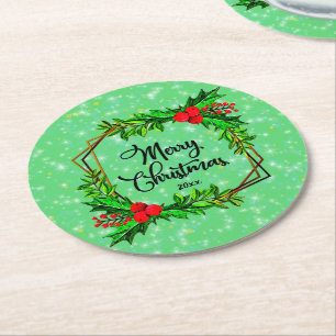 Porta-copo De Papel Redondo Natal 20xx Holly Red Berries Verde Moderno