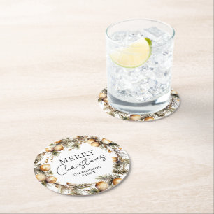 Porta-copo De Papel Redondo Natal de Folhagem Dourada com Aquarela
