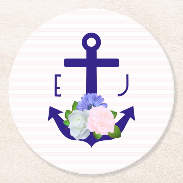 Porta-copo De Papel Redondo Nautical Floral Stripes Wedding (Frente)