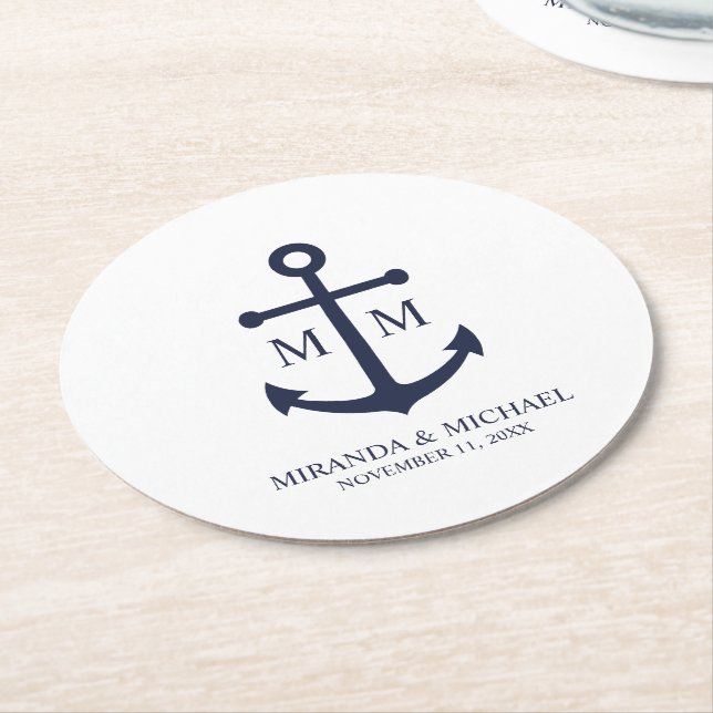 Porta-copo De Papel Redondo Nautical Navy Blue Anchor Wedding (Angulado)