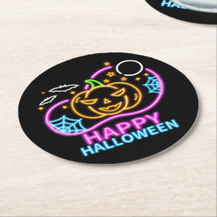 Porta-copo De Papel Redondo Neon Glow Olha Halloween Pumpkin Bats