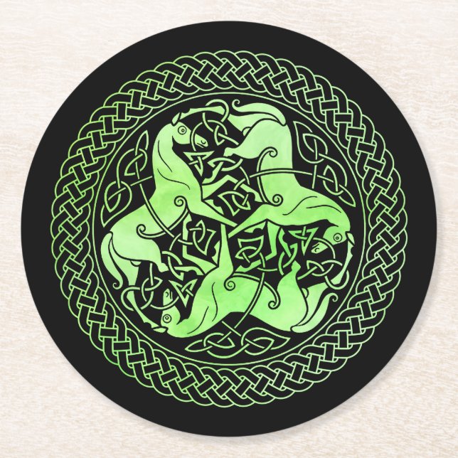 Porta-copo De Papel Redondo Nó Celta Verde de Aquarela com Cavalos (Frente)