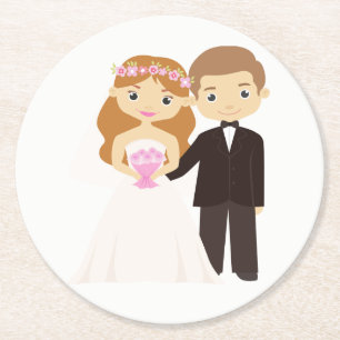 Porta-copo De Papel Redondo Noiva De Cartoon E Casamento Preto E Branco