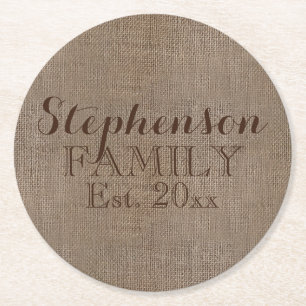 Porta-copo De Papel Redondo Nome da família Burlap Rustic
